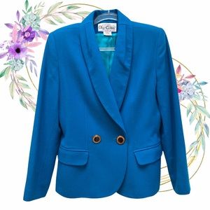 Vintage Peacock Blue Wool Oleg Cassini Double Breasted Blazer 80s Bold Shoulder